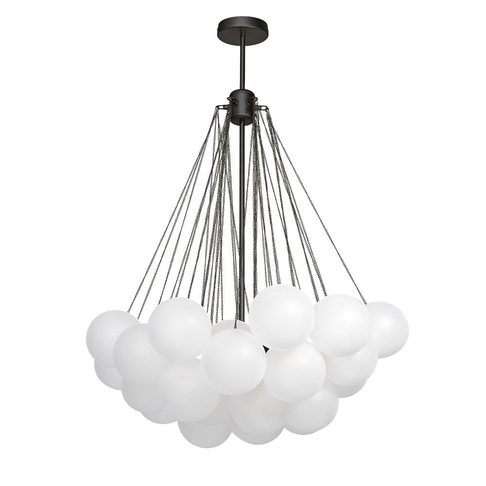 Our 3-Light Large Cluster Cloud Chandelier 37 Globes offers a modern look with two finish options: matte black and satin gold. The globe chandelier has frosted glass globes that bring an air of enchantment, creating a beautiful and stunning centerpiece for living rooms, dining rooms, or entryways. Transform your space with this gorgeous cloud design.